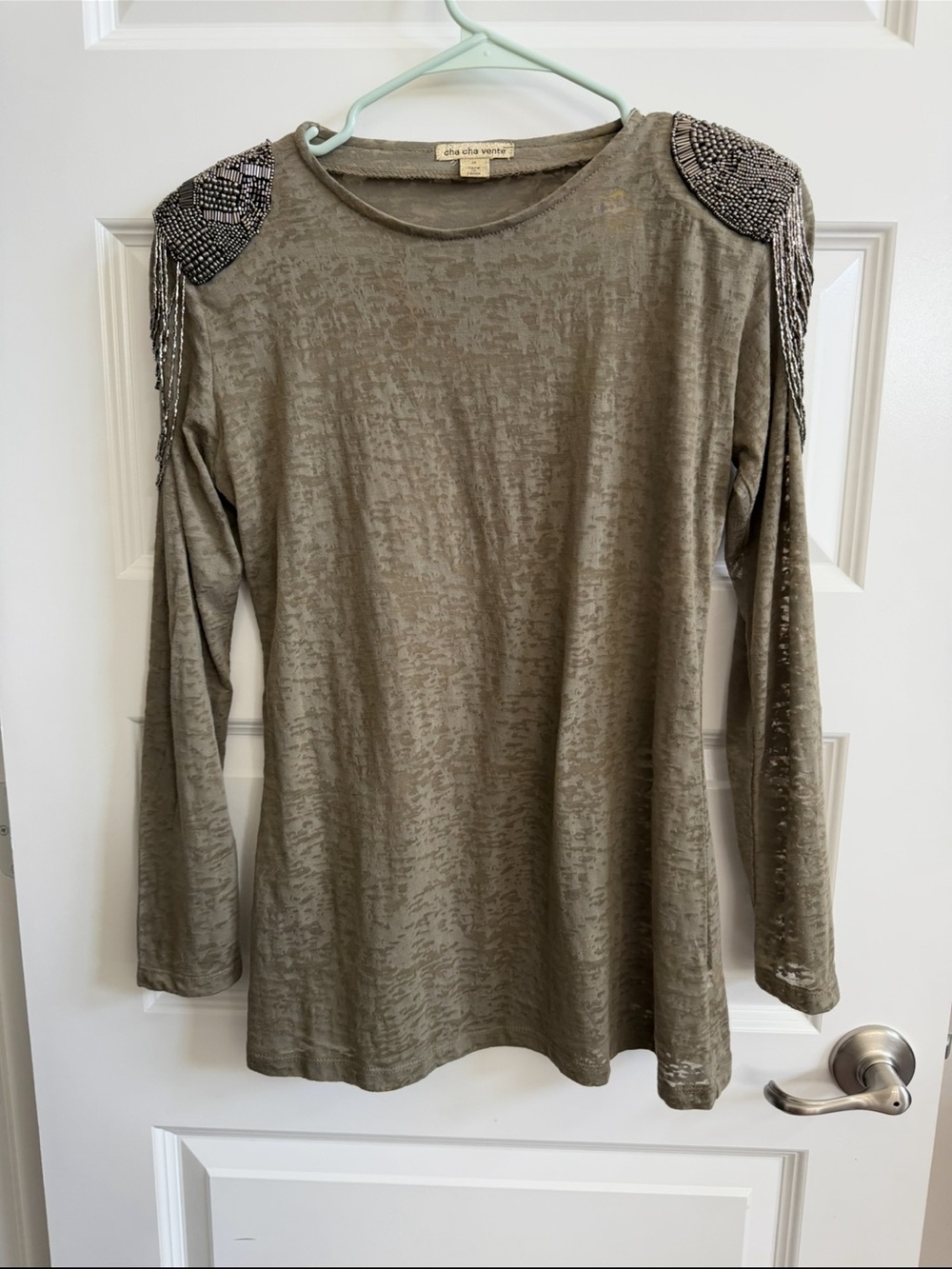 cha cha vente Olive Green Long-Sleeve Top with Beaded Fringe Shoulders